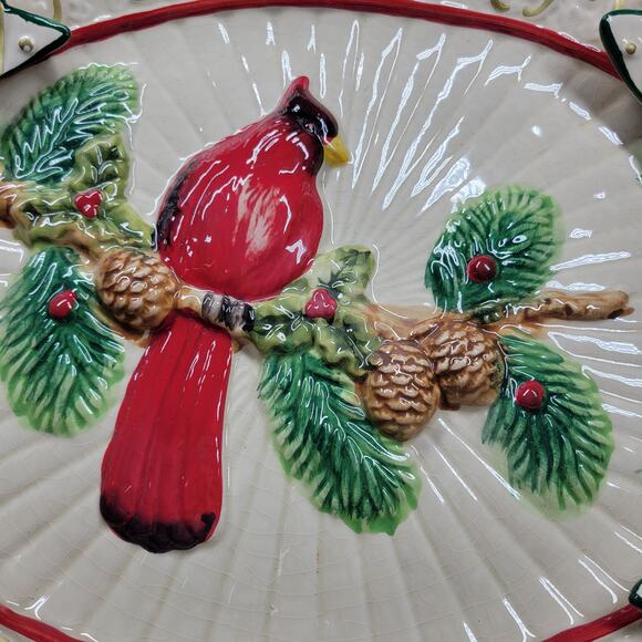 Cracker Barrel Plaid Tidings 3D Cardinal Platter Ceramic Holiday Serving Tray - Picture 5 of 14
